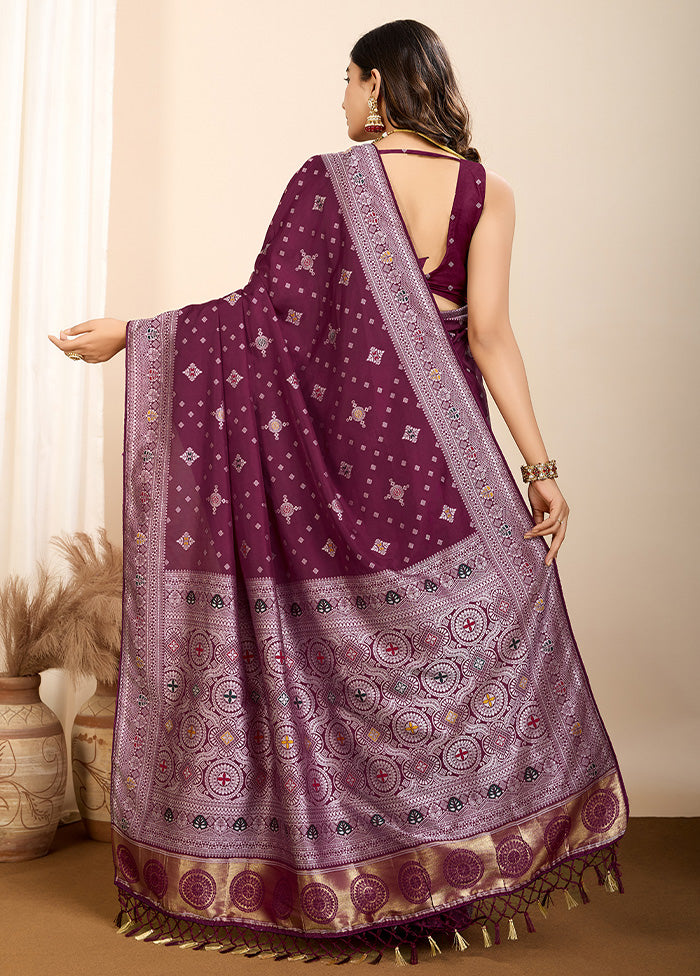 Wine Spun Silk Saree With Blouse Piece