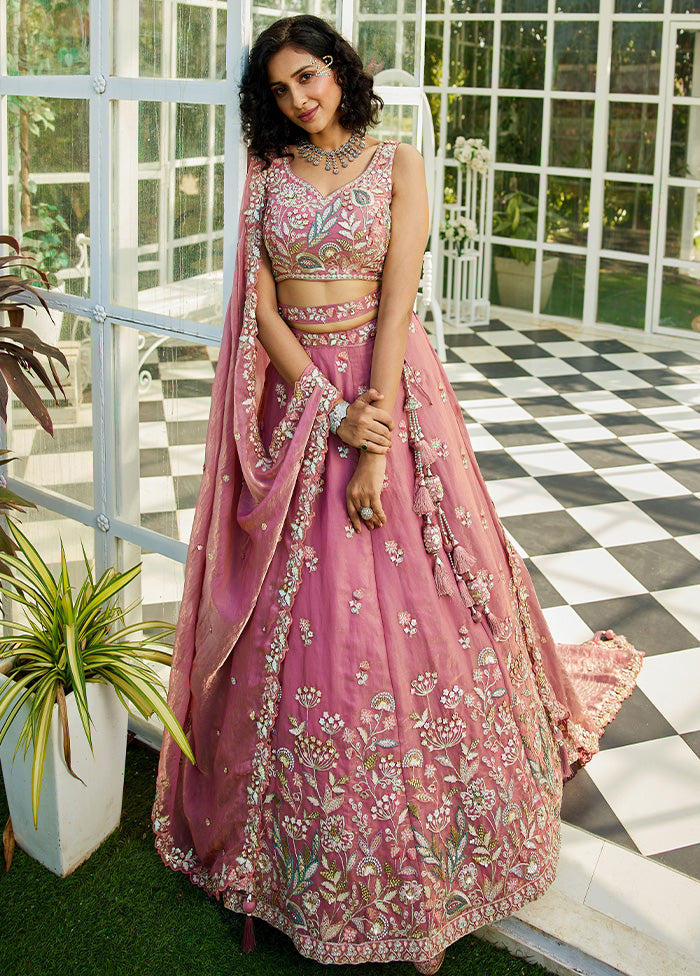 3 Pc Pink Net Semi Stitched Lehenga Set