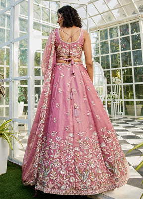 3 Pc Pink Net Semi Stitched Lehenga Set