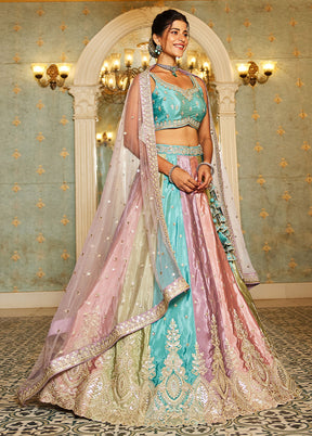 3 Pc Multicolor Silk Semi Stitched Lehenga Set