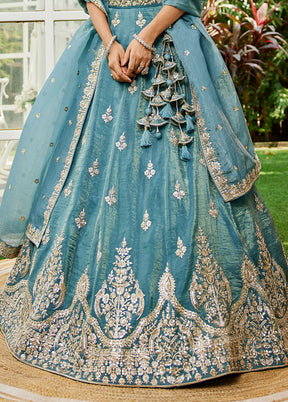 3 Pc Blue Silk Semi Stitched Lehenga Set