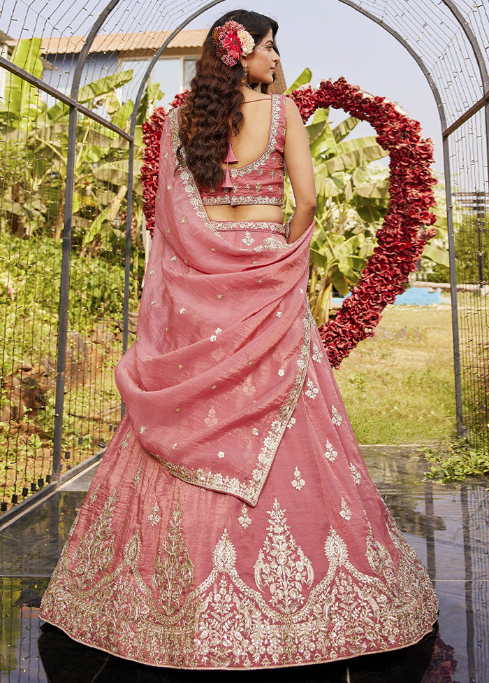 3 Pc Pink Silk Semi Stitched Lehenga Set