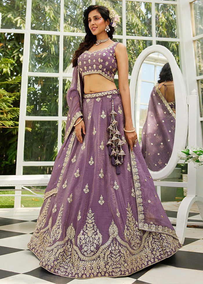 3 Pc Purple Silk Semi Stitched Lehenga Set