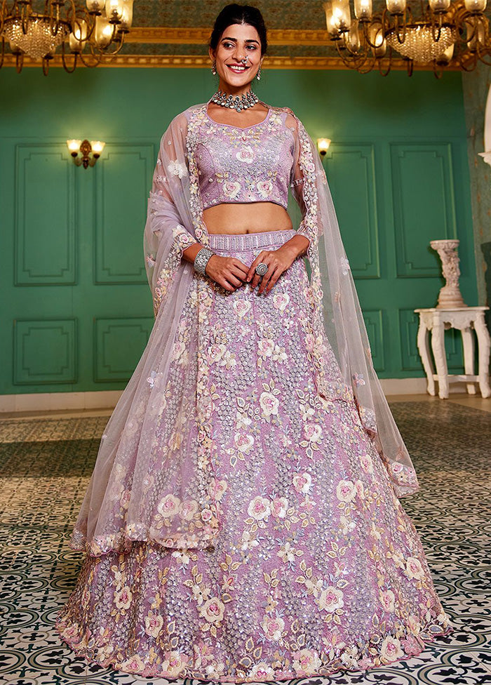 3 Pc Mauve Silk Semi Stitched Lehenga Set