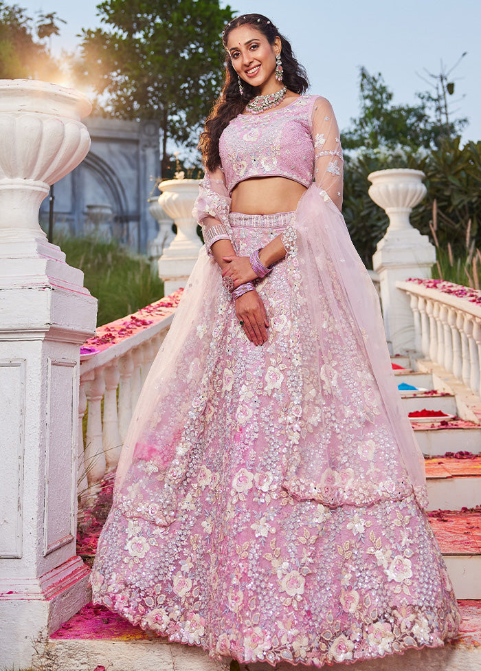 3 Pc Pink Silk Semi Stitched Lehenga Set