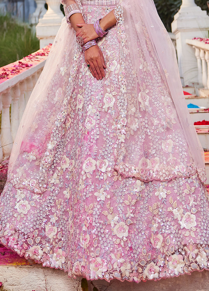 3 Pc Pink Silk Semi Stitched Lehenga Set