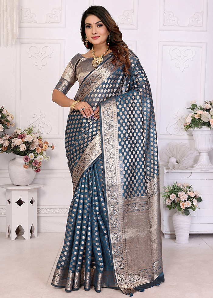 Blue Organza Saree With Blouse Piece