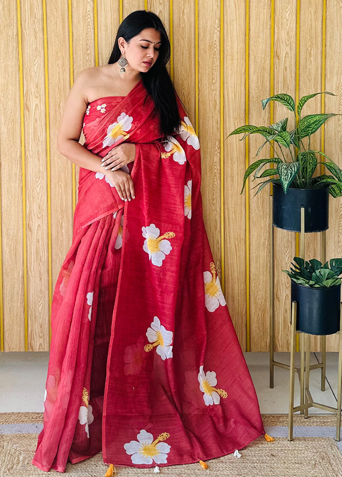 Maroon Linen Silk Saree With Blouse Piece