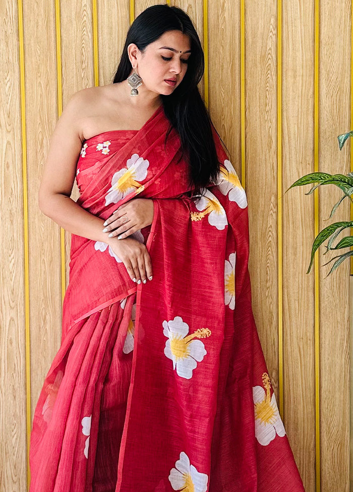 Maroon Linen Silk Saree With Blouse Piece