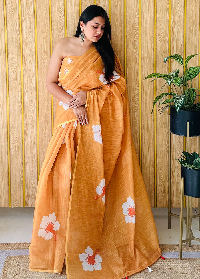 Orange Linen Silk Saree With Blouse Piece