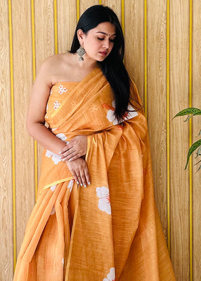 Orange Linen Silk Saree With Blouse Piece