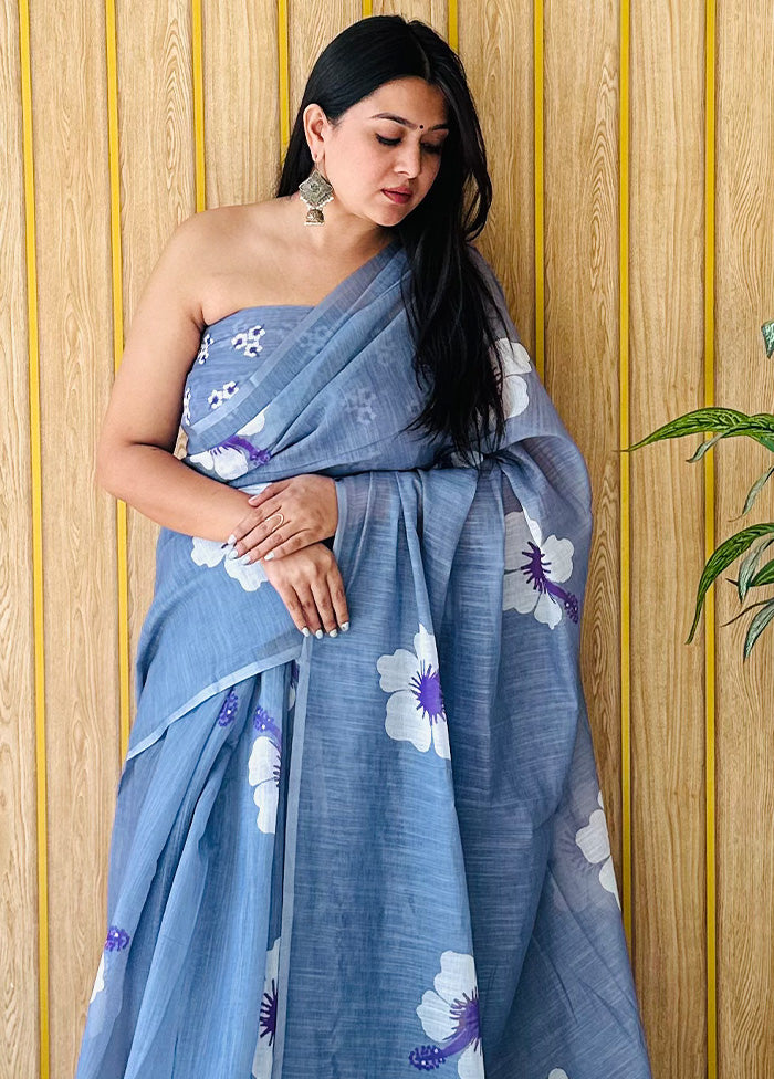 Blue Linen Silk Saree With Blouse Piece