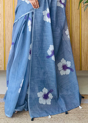 Blue Linen Silk Saree With Blouse Piece