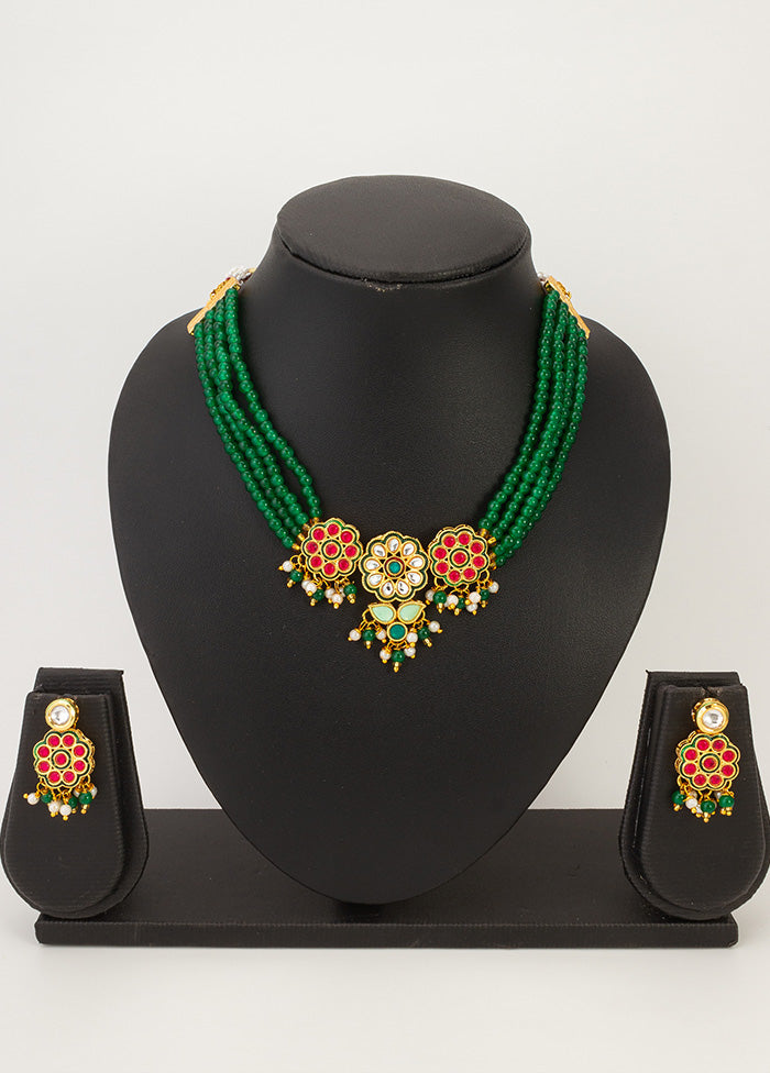 Green Brass Artificial Pearl And Kundan Work Necklace