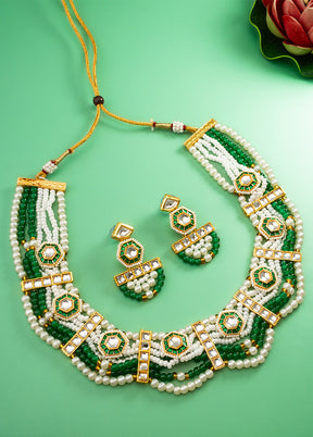 Green Brass Artificial Pearl And Kundan Work Necklace