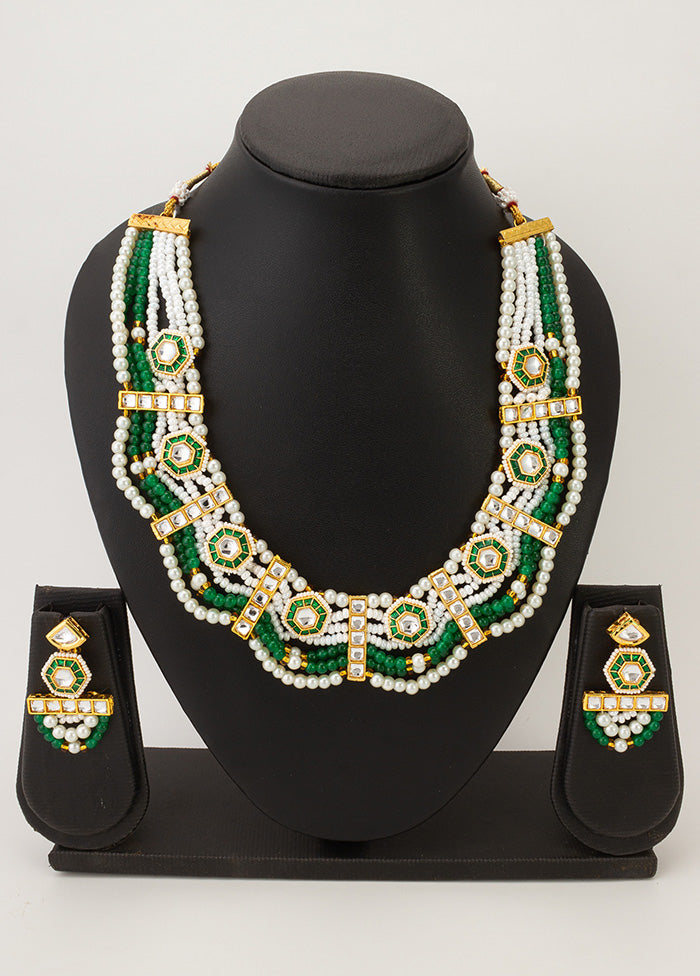 Green Brass Artificial Pearl And Kundan Work Necklace