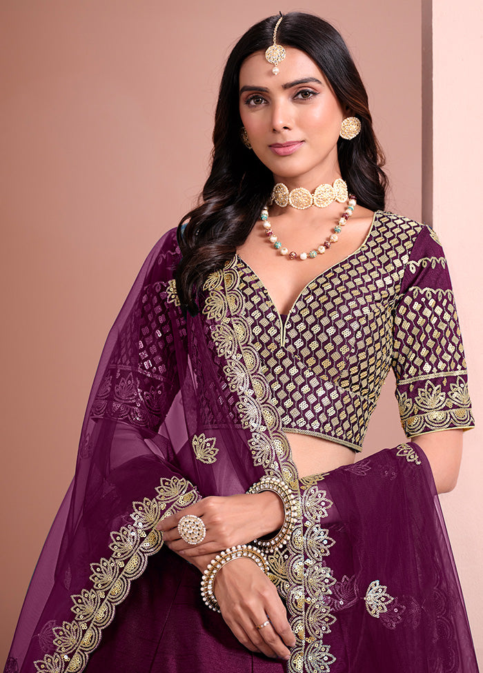 3 Pc Purple Silk Semi Stitched Lehenga Set