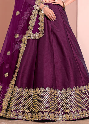 3 Pc Purple Silk Semi Stitched Lehenga Set