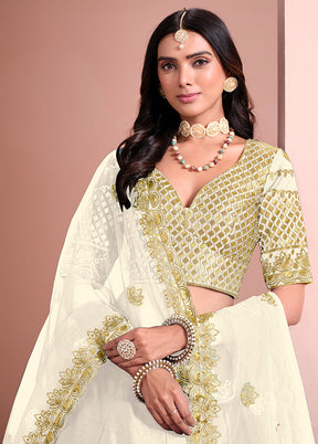 3 Pc Off White Silk Semi Stitched Lehenga Set