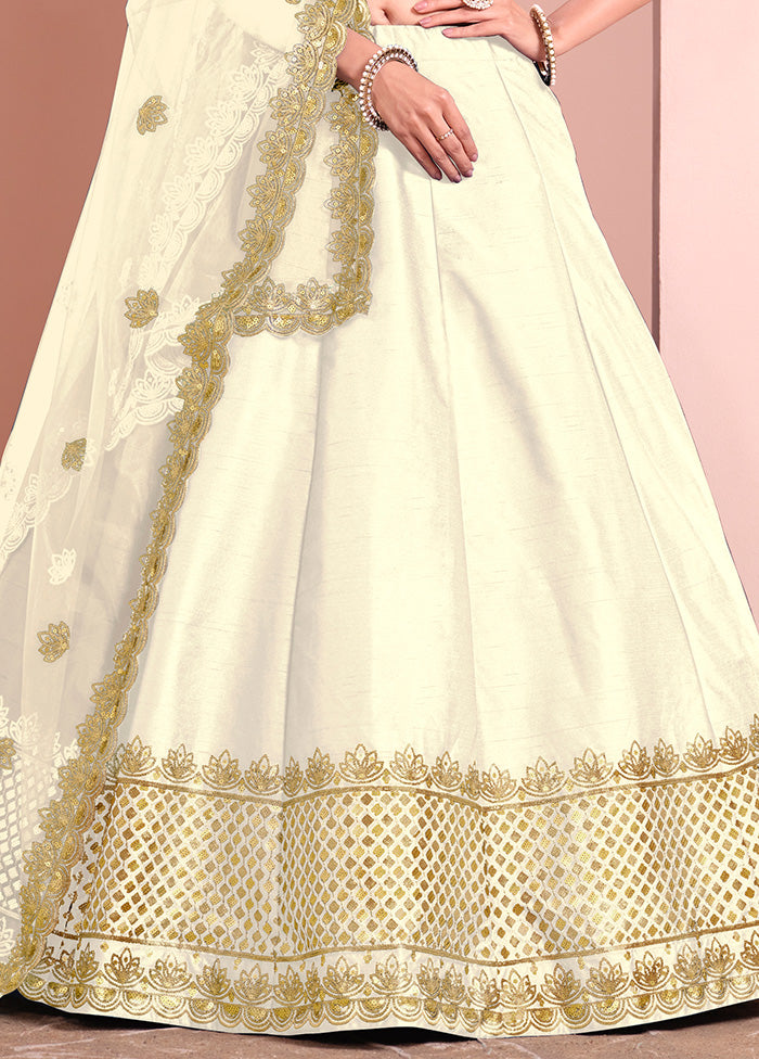 3 Pc Off White Silk Semi Stitched Lehenga Set