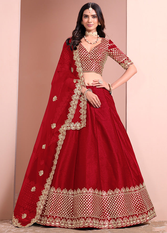 3 Pc Maroon Silk Semi Stitched Lehenga Set