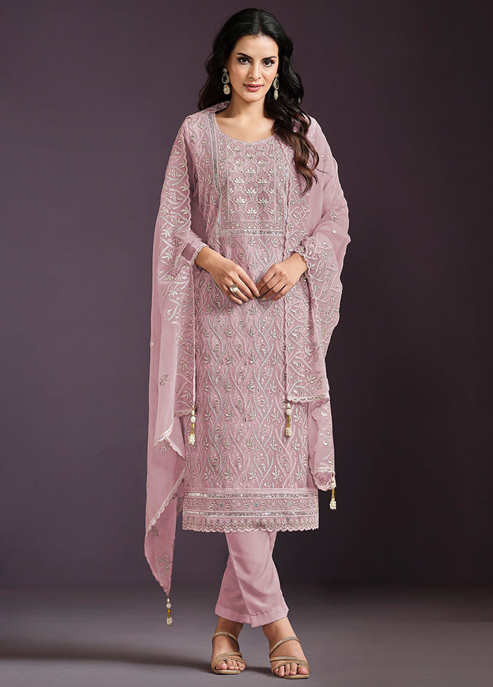 3 Pc Pink Semi Stitched Silk Suit Set