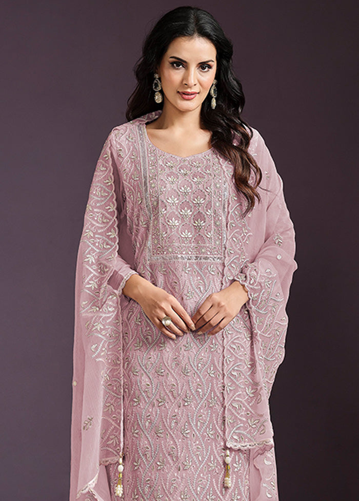 3 Pc Pink Semi Stitched Silk Suit Set