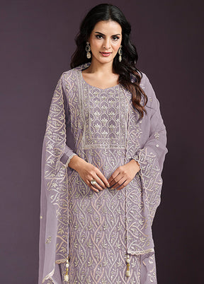 3 Pc Purple Semi Stitched Silk Suit Set