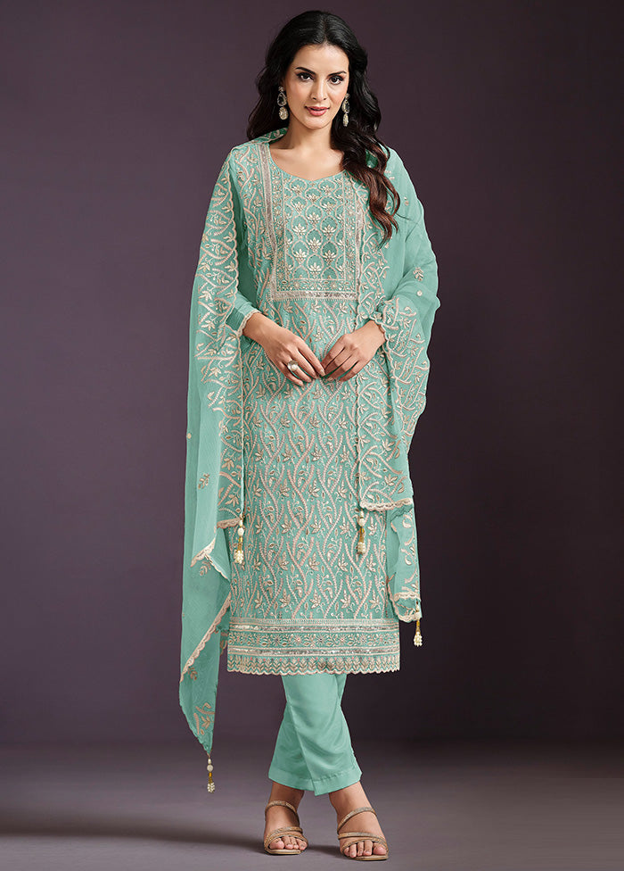 3 Pc Sea Green Semi Stitched Silk Suit Set