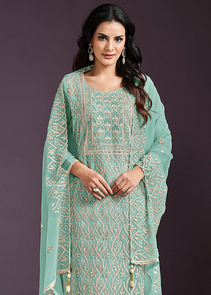 3 Pc Sea Green Semi Stitched Silk Suit Set