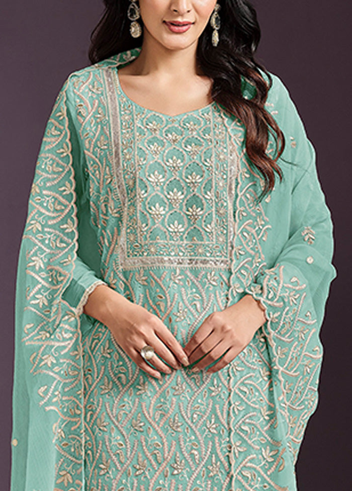 3 Pc Sea Green Semi Stitched Silk Suit Set