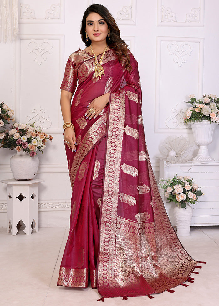 Burgundy Organza Saree With Blouse Piece