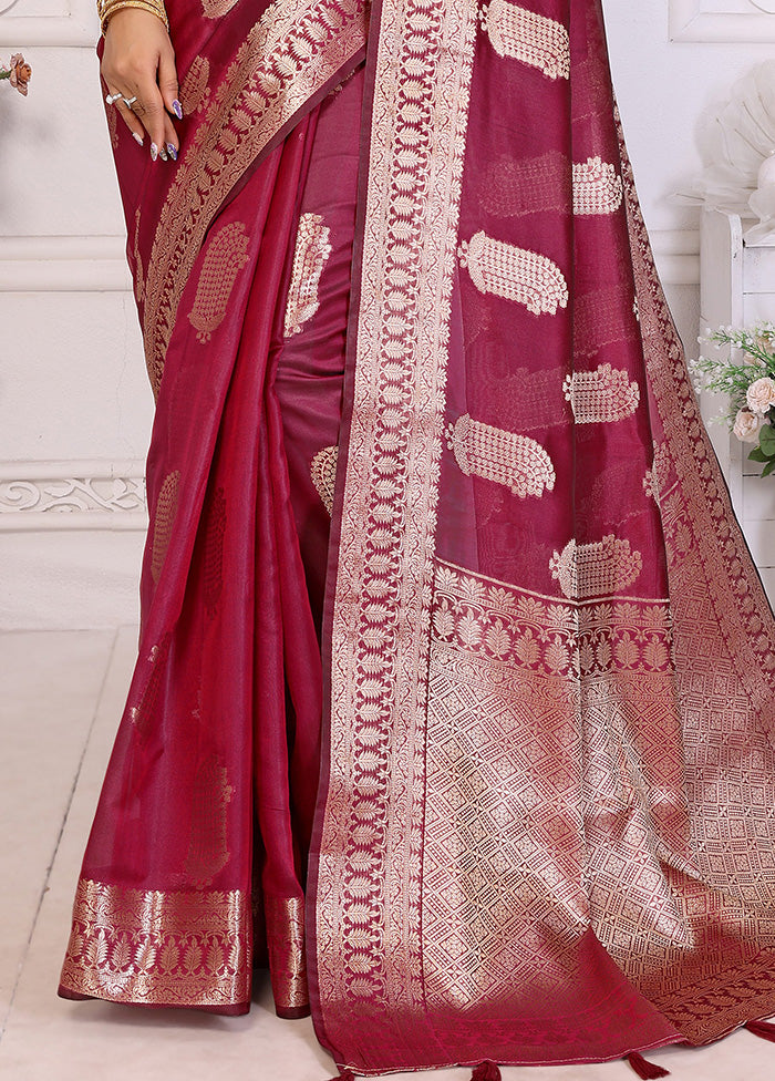 Burgundy Organza Saree With Blouse Piece