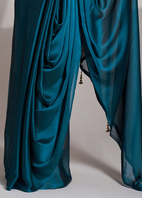 Blue Satin Silk Saree With Blouse Piece