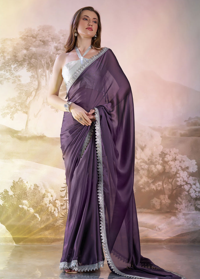 Lavender Satin Silk Saree With Blouse Piece