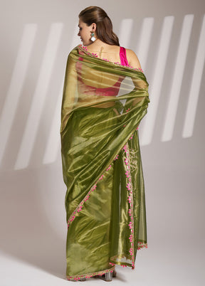 Mehendi Net Saree With Blouse Piece