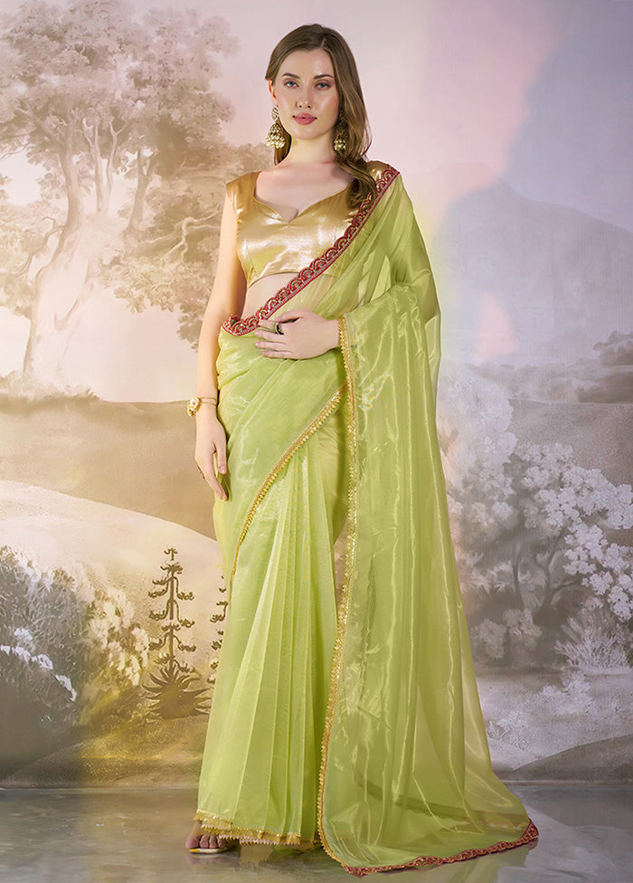 Pista Green Net Saree With Blouse Piece