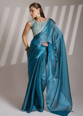 Blue Net Saree With Blouse Piece