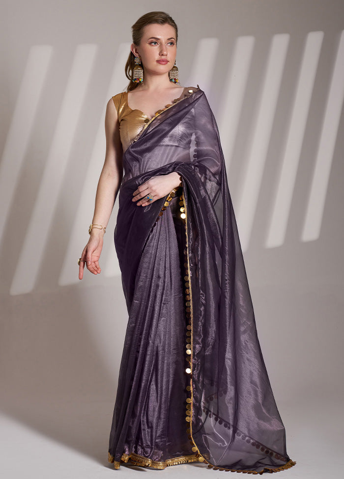 Purple Net Saree With Blouse Piece