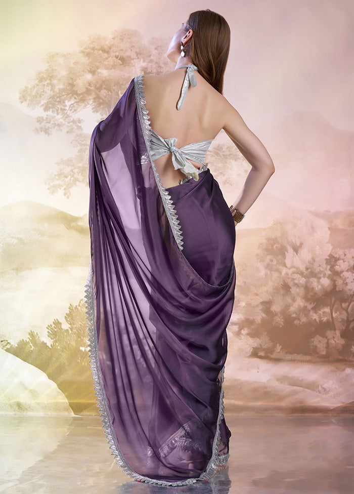 Purple Net Saree With Blouse Piece