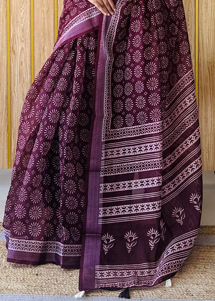 Wine Cotton Saree With Blouse Piece