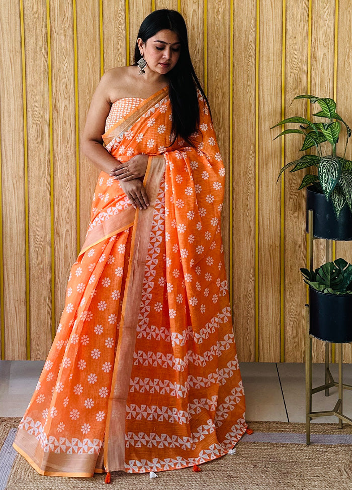 Orange Cotton Saree With Blouse Piece