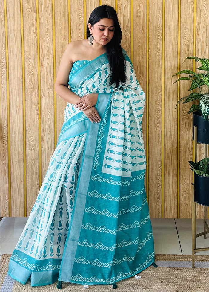 Sea Green Cotton Saree With Blouse Piece