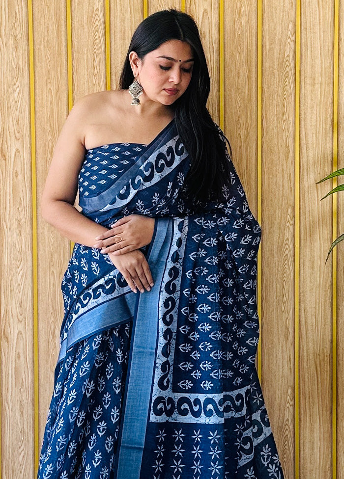 Blue Cotton Saree With Blouse Piece