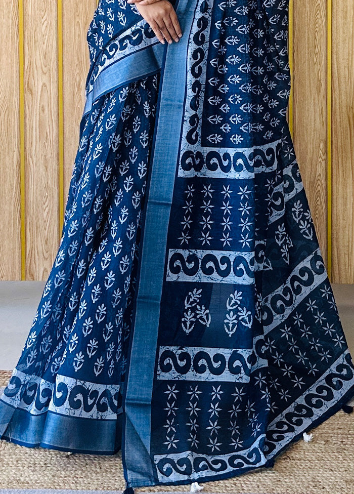 Blue Cotton Saree With Blouse Piece