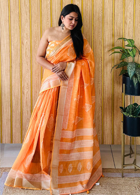 Orange Cotton Saree With Blouse Piece