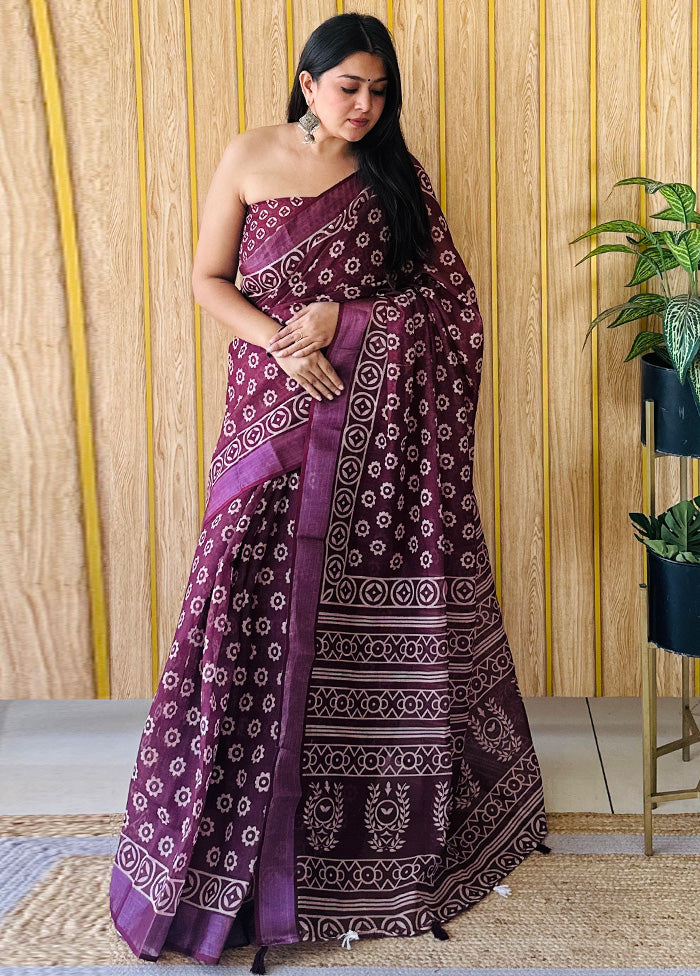 Burgundy Cotton Saree With Blouse Piece