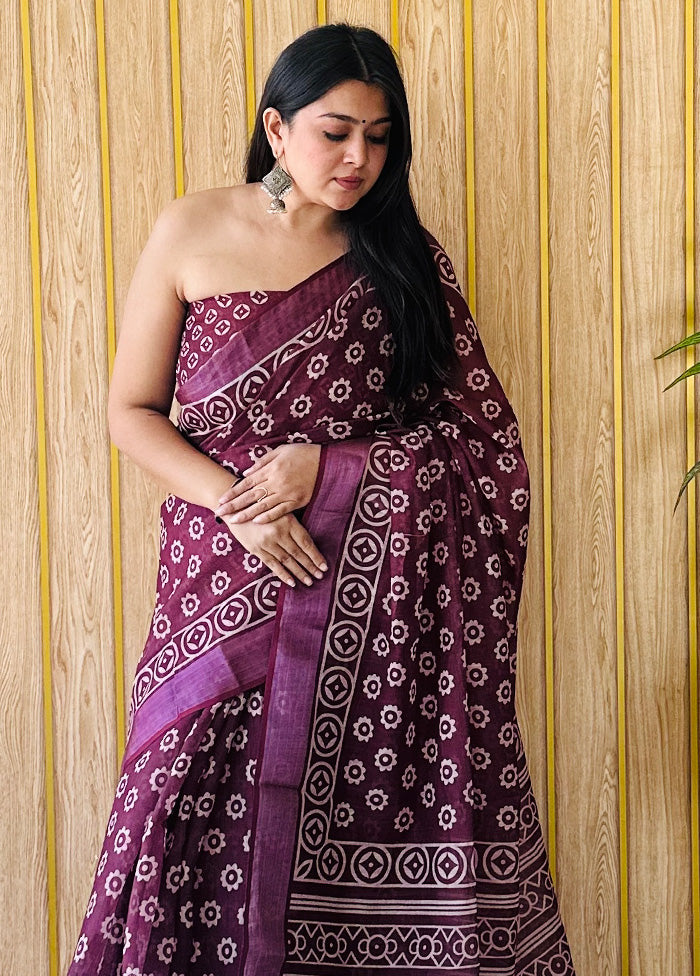 Burgundy Cotton Saree With Blouse Piece