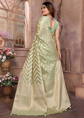 Pista Green Organza Saree With Blouse Piece