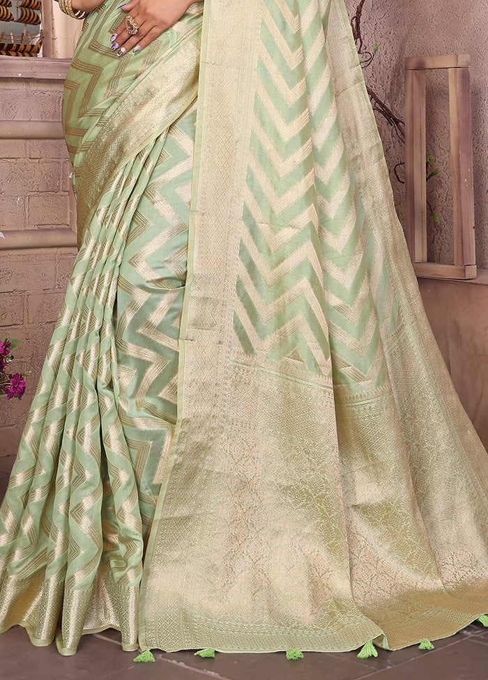 Pista Green Organza Saree With Blouse Piece